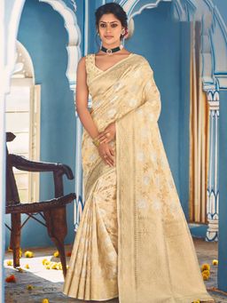 Odette - Womens Cream Linen Woven Design Saree with Unstitched Blouse