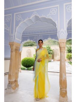 Geroo Jaipur - Yellow-Blue Shaded Mukaish Hand Embroidered Chiffon Saree with Unstitched Blouse