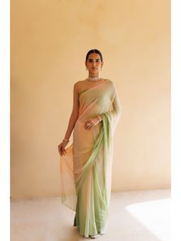 Geroo Jaipur - Peach-Green Shaded Mukaish Hand Embroidered Chiffon Saree with Unstitched Blouse