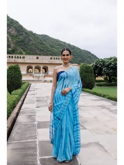 Geroo Jaipur - Blue Hand Dyed Shibori Bandhani Chiffon Saree with Unstitched Blouse