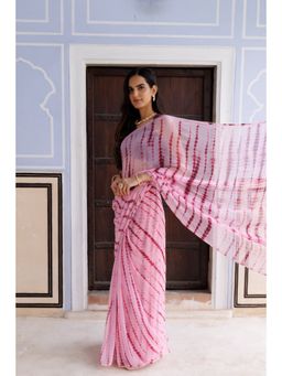 Geroo Jaipur - Pink Hand Dyed Shibori Bandhani Chiffon Saree with Unstitched Blouse