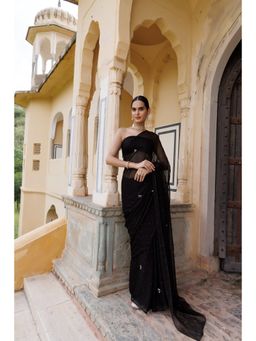 Geroo Jaipur - Black Mukaish Hand Embroidered Chiffon Saree with Unstitched Blouse