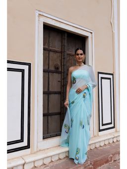 Geroo Jaipur - Blue Shaded Hand Painted Floral Chiffon Saree with Unstitched Blouse
