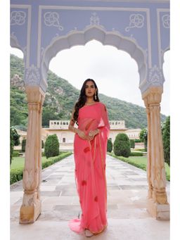Geroo Jaipur - Pink Hand Painted Floral Chiffon Saree with Unstitched Blouse