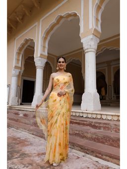 Geroo Jaipur - Yellow Hand Painted Floral Chiffon Saree with Unstitched Blouse