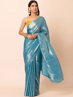 Indya - Turquoise Blue Saree with Contrast with Unstitched Blouse