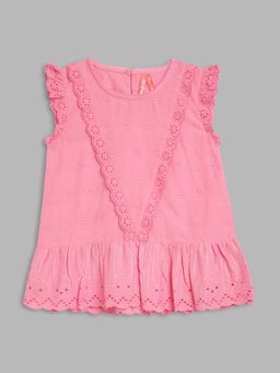 Blue Giraffe - Girls Pink Embroidered Round Neck Short Sleeves Top
