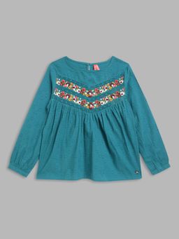 Blue Giraffe - Girls Teal Embroidered Round Neck Full Sleeves Top