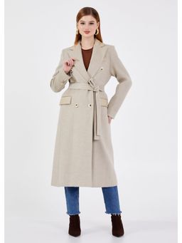 GAIIA - Beige Double-Breasted Long Coat with Belt