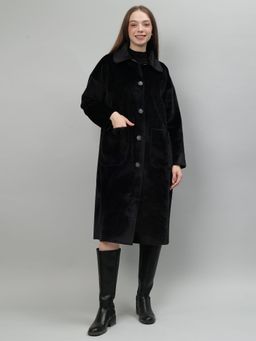 GAIIA - Black Solid Colour Plush Woolen Coat