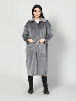GAIIA - Grey Solid Colour Plush Woolen Coat