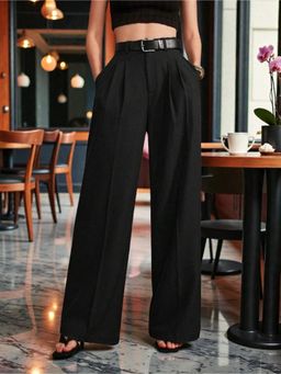 BROADSTAR - Women Black High-Rise Loose Fit Korean Trouser