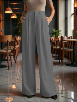 BROADSTAR - Women Grey High-Rise Loose Fit Korean Trouser