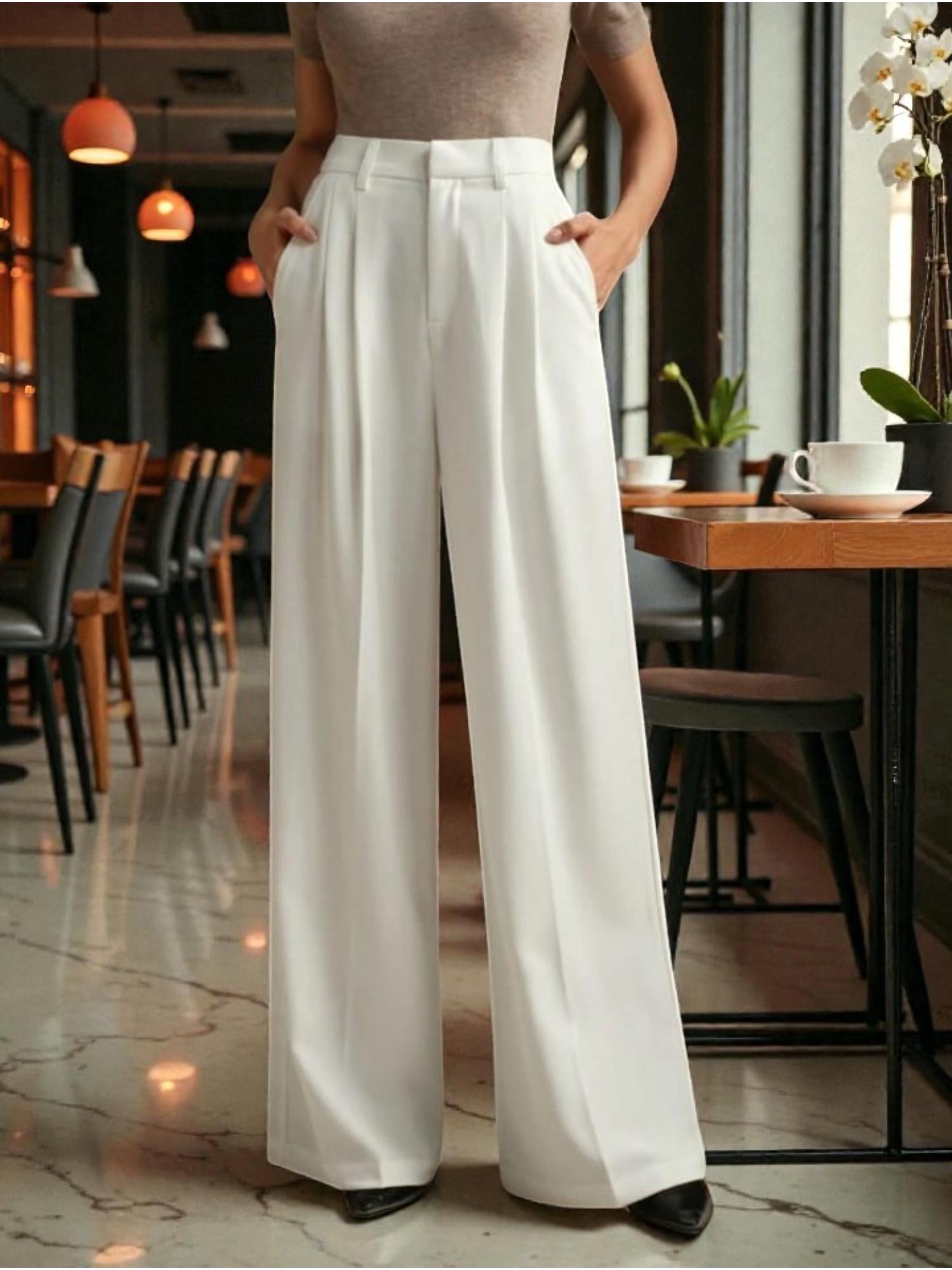 Women Off White High-Rise Loose Fit Korean Trouser-image-3