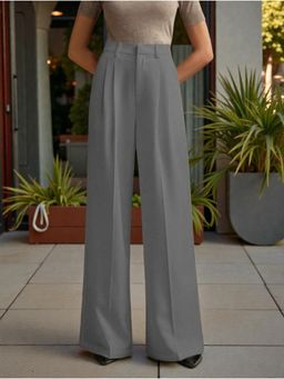 BROADSTAR - Women Grey High-Rise Loose Fit Korean Trouser
