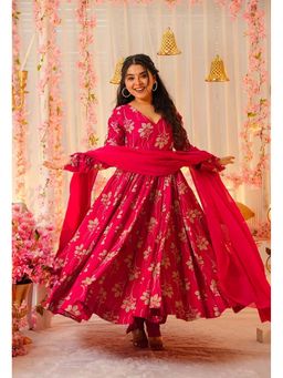 Gahan - Divyadham Textiles Womens Votikal Printed Kurta with Pant and Dupatta-Pink