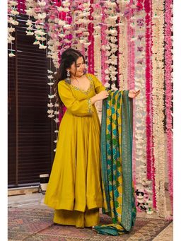 Gahan - Divyadham Textiles Artisanal Embroidered Anarkali Kurta and Palazzo with Dupatta-Mustard