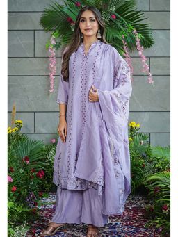 Gahan - Divyadham Textiles Cotton Embroidered Kurta & Palazzo with Dupatta-Lavender