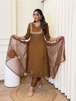 Gahan - Divyadham Textiles Vichitra Silk Anarkali Kurta and Pant with Dupatta-Brown