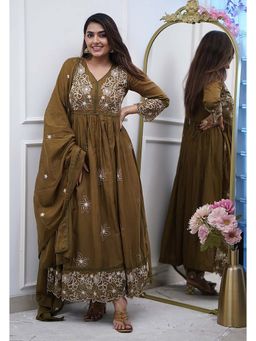 Gahan - Divyadham Textiles Women's Heavy Embroidered Anarkali and Pant with Dupatta-Olive
