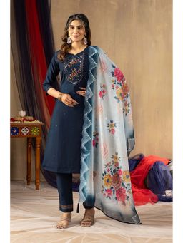 Gahan - Divyadham Textiles Embroidered Mango Silk Straight Kurta with Pant Dupatta-Blue