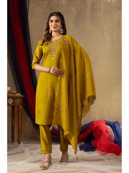 Gahan - Divyadham Textiles Embroidered Roman Silk Straight Kurta with Pant Dupatta-Mustard