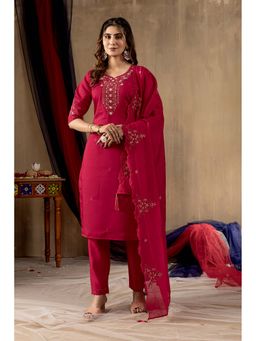 Gahan - Divyadham Textiles Embroidered Roman Silk Straight Kurta with Pant Dupatta-Pink
