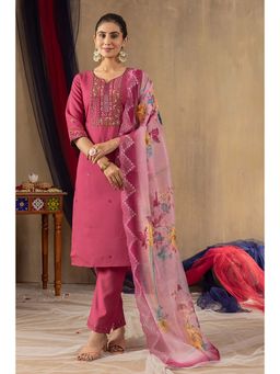 Gahan - Divyadham Textiles Embroidered Roman Silk Straight Kurta with Pant with Dupatta-Pink