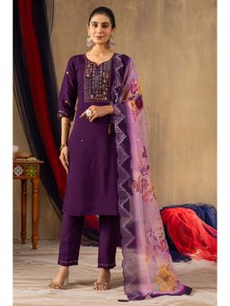 Gahan - Divyadham Textiles Embroidered Roman Silk Straight Kurta with Pant with Dupatta-Purple