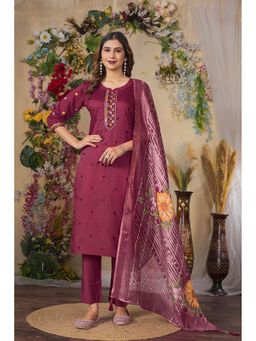 Gahan - Divyadham Textiles Roman Silk Straight Kurta Pant Dupatta and Pant with Dupatta-Maroon