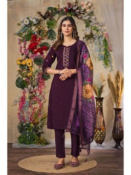 Gahan - Divyadham Textiles Roman Silk Straight Kurta Pant Dupatta and Pant with Dupatta-Wine