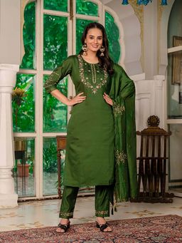 Gahan - Divyadham Textiles Marina Viscose Silk Embroidered Kurta and Pant with Dupatta-Green