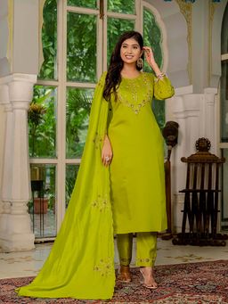 Gahan - Divyadham Textiles Marina Viscose Silk Embroidered Kurta and Pant with Dupatta-Green