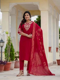 Gahan - Divyadham Textiles Premium Roman Silk Kurta and Pant with Muslin Silk Dupatta-Maroon