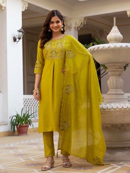 Gahan - Divyadham Textiles Silk Embroidered Kurta and Pant with Dupatta-Yellow