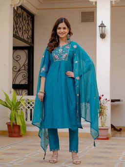 Gahan - Divyadham Textiles Silk Hand-Embroidered Kurta and Pant with Dupatta-Blue