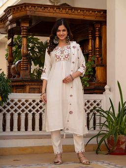 Gahan - Divyadham Textiles Silk Hand-Embroidered Kurta and Pant with Dupatta-White