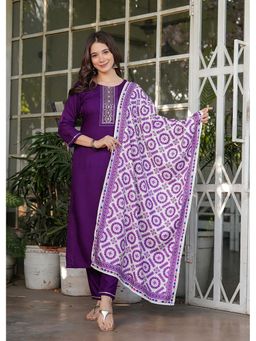 Gahan - Divyadham Textiles Rayon Embroidered Kurta and Pant with Printed Muslin Dupatta-Purple