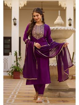 Gahan - Divyadham Textiles Rayon Embroidered Kurta and Pant with Dupatta-Purple