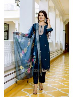 Gahan - Elegant Viscose Embroidered Kurta and Pant with Printed Organza Dupatta-Blue