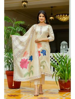 Gahan - Royal Assam Silk Embroidered Kurta and Pant with Printed Assam Silk Dupatta-Cream