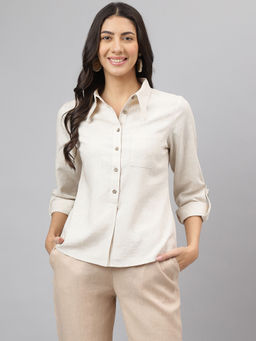 Latin Quarters - Womens Beige Solid Full Sleeve Casual Shirt