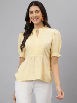 Latin Quarters - Womens Yellow Solid Half Sleeves Casual Top