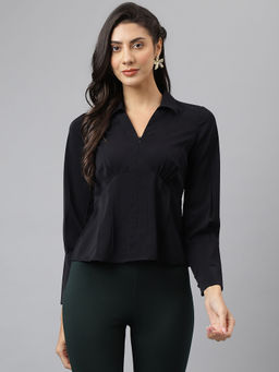 Latin Quarters - Womens Black Solid Full Sleeve Casual Shirt