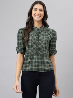 Latin Quarters - Womens Green Check Half Sleeves Casual Top