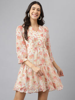 Latin Quarters - Womens Peach V-Neck Fit & Flare Casual Dress