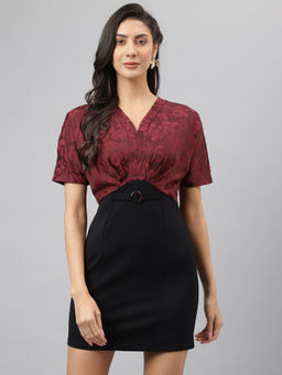 Latin Quarters - Womens Maroon Solid Half Sleeves Bodycon Short Dress