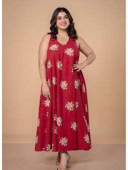 The Indian Ethnic Co. - Red Cotton Slub Floral A-Line Maxi Dress