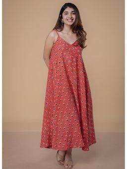 The Indian Ethnic Co. - Orange Cotton Slub Floral A-Line Maxi Dress