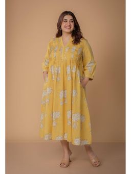 The Indian Ethnic Co. - Yellow Cotton Slub Floral A-Line Midi Dress